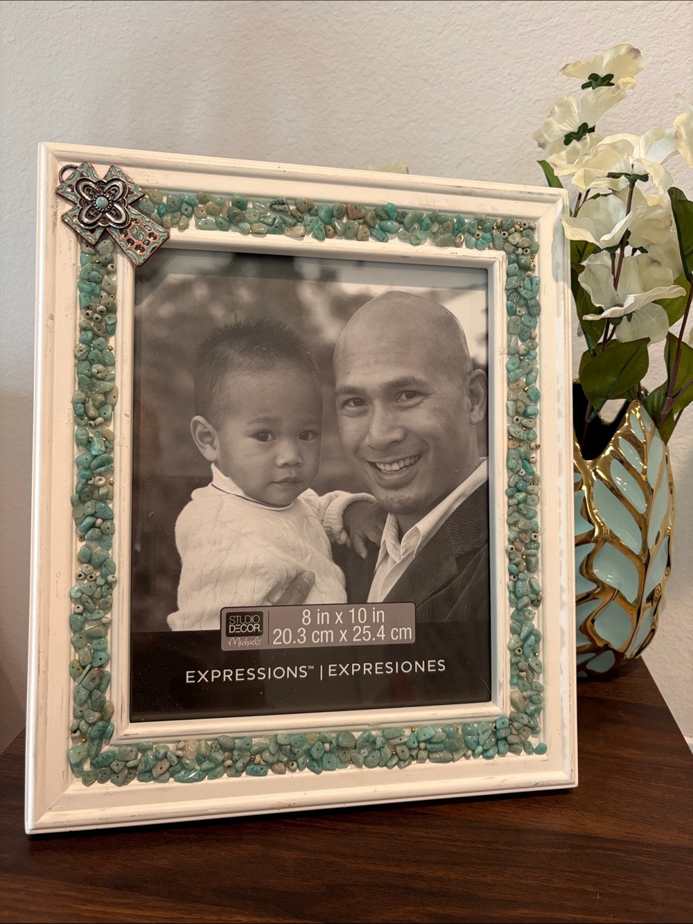 Studio Decor White Frame with Turquoise Stone Inlay and Decorative Corner Accent